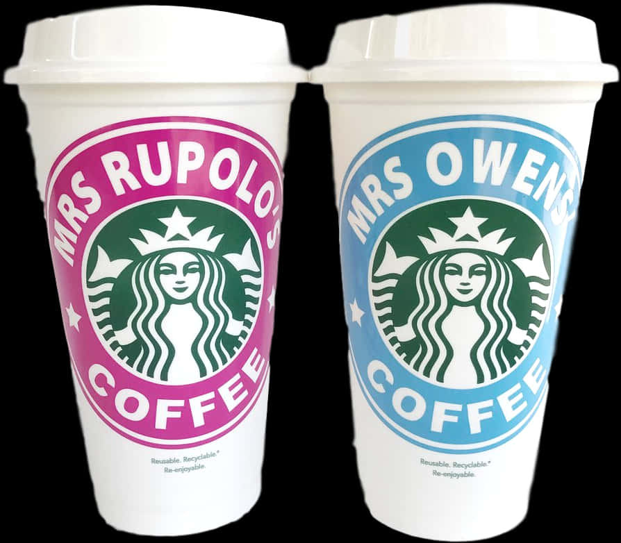 Two White Cups With Logos On Them
