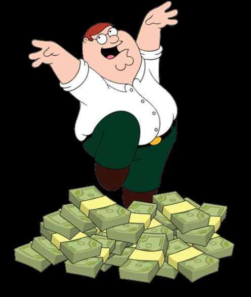 A Cartoon Of A Man Jumping In Front Of A Pile Of Money
