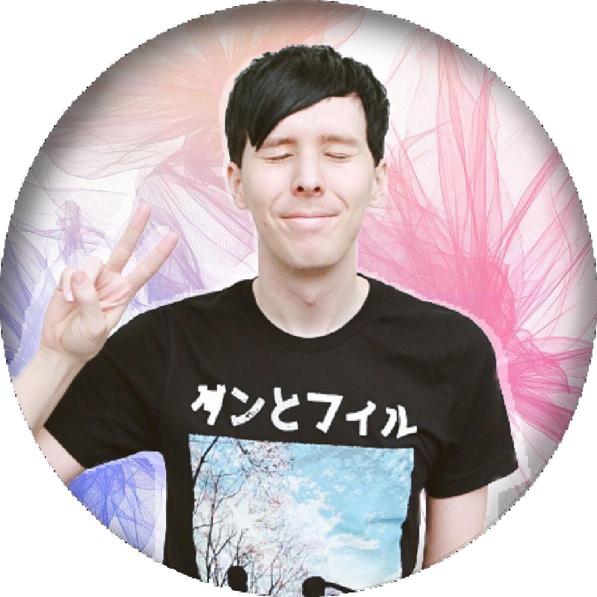 A Man With Black Hair And A Black Shirt With White Text And A Blue And White Graphic Design On It