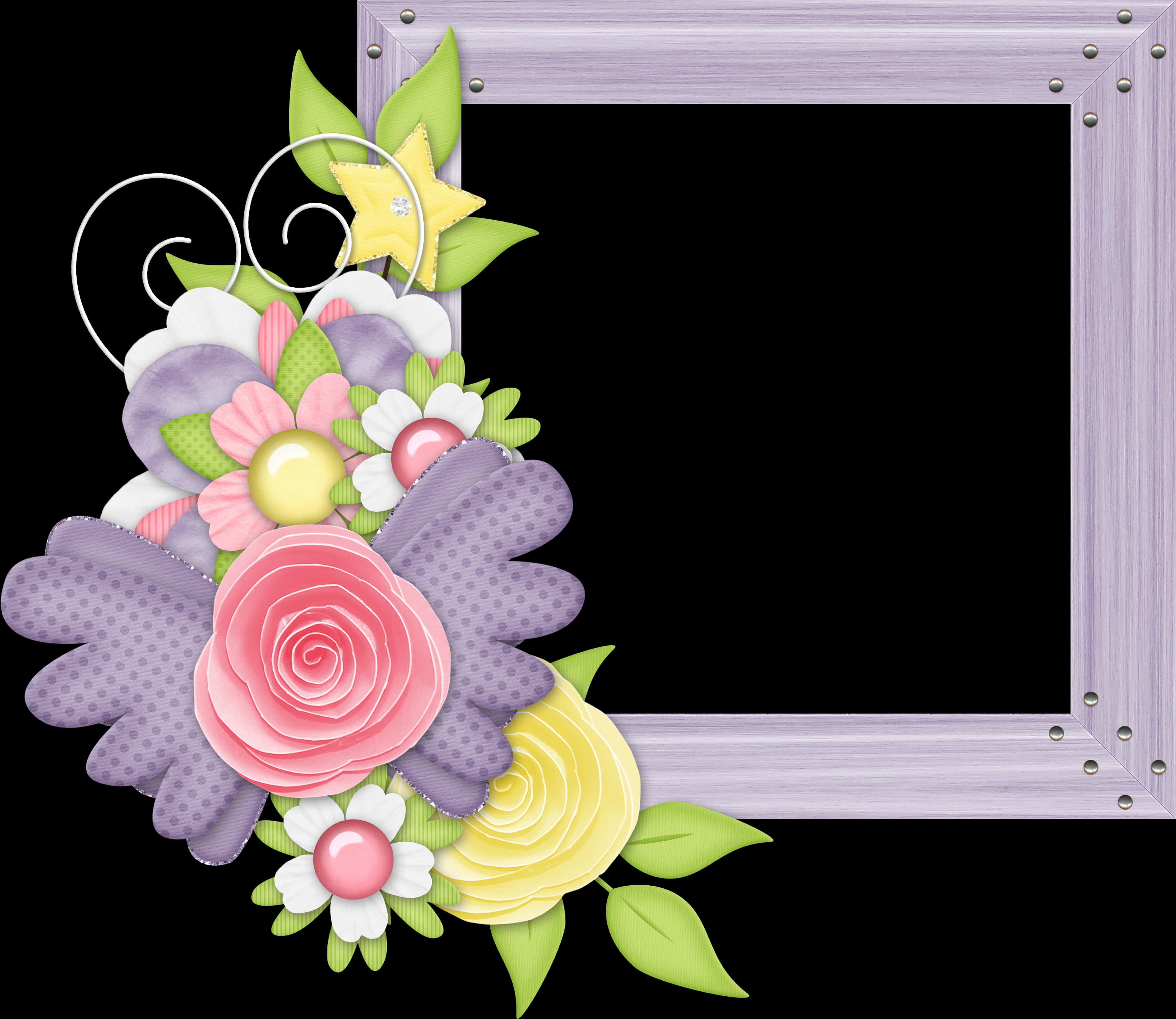 A Purple Frame With Flowers And Leaves