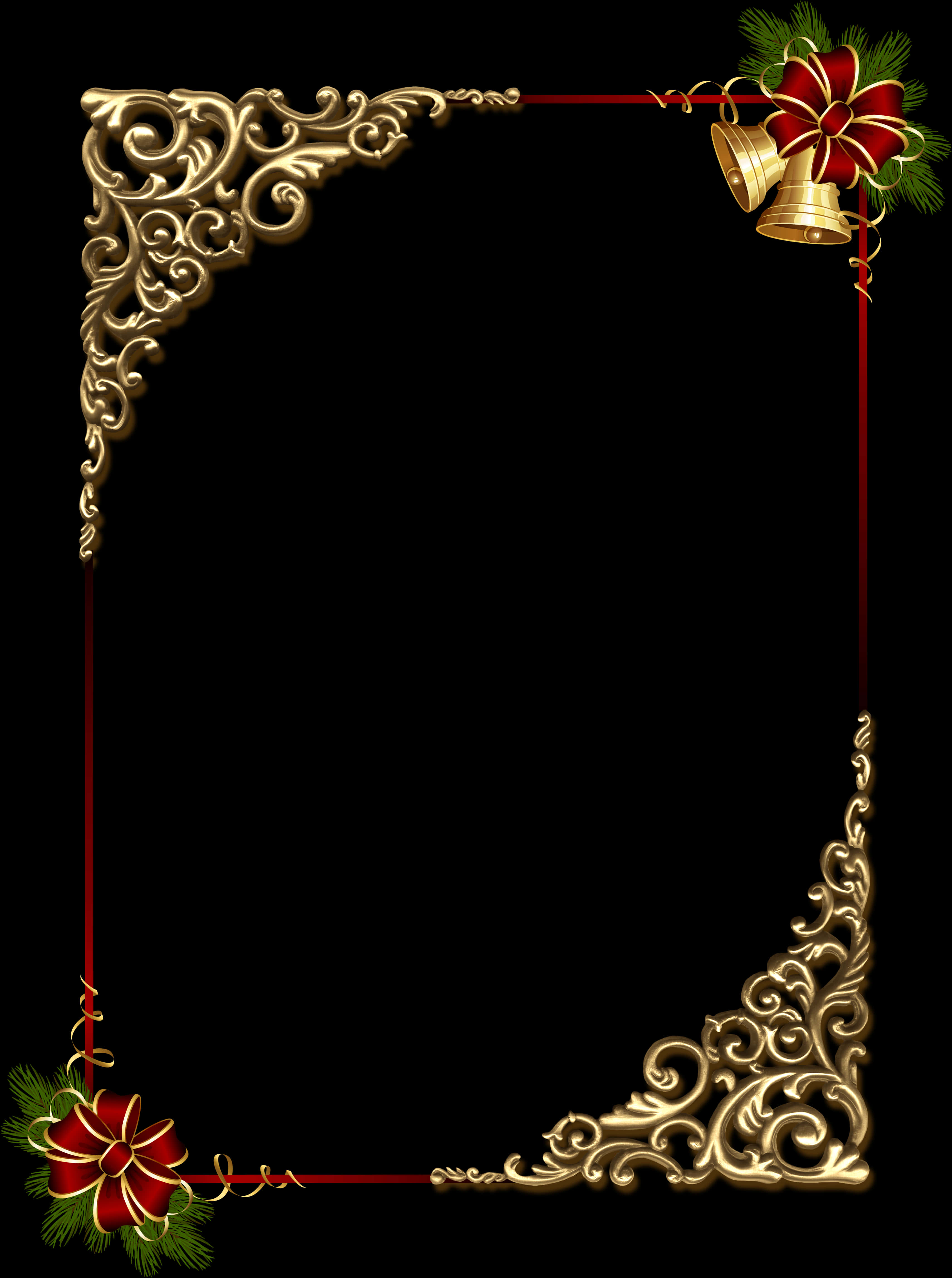 A Gold Frame With Bells And Holly On A Black Background