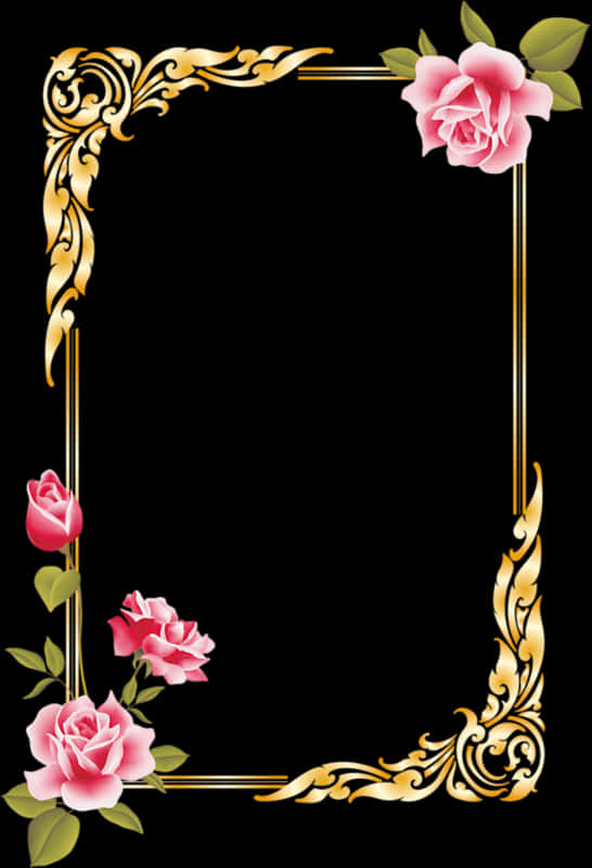 A Gold And Pink Roses On A Black Background