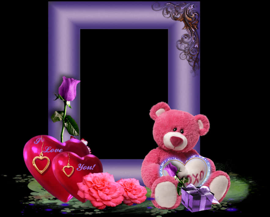 A Purple Frame With A Pink Teddy Bear And Hearts
