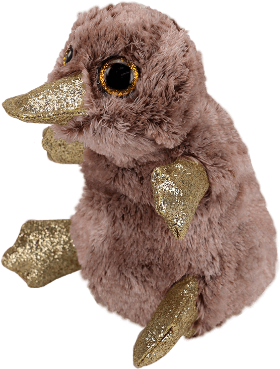 A Stuffed Animal With A Gold Glittery Beak