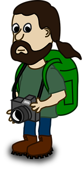 A Cartoon Of A Man With A Backpack Holding A Camera