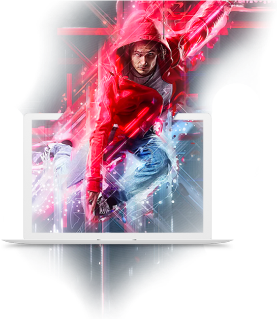 A Man In A Red Hoodie Jumping Out Of A Laptop
