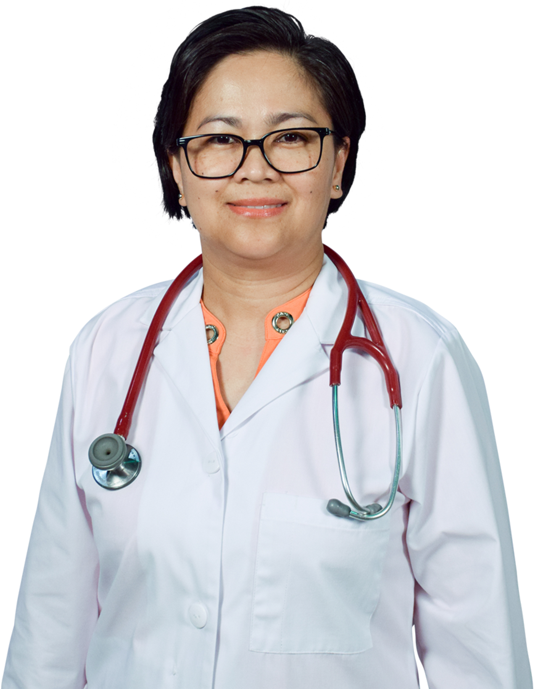 A Woman Wearing Glasses And A White Lab Coat With A Stethoscope Around Her Neck