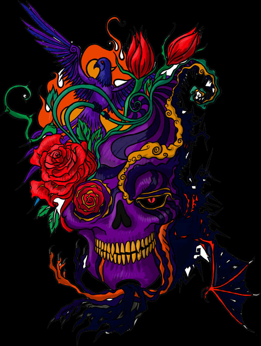 A Skull With Flowers And Birds