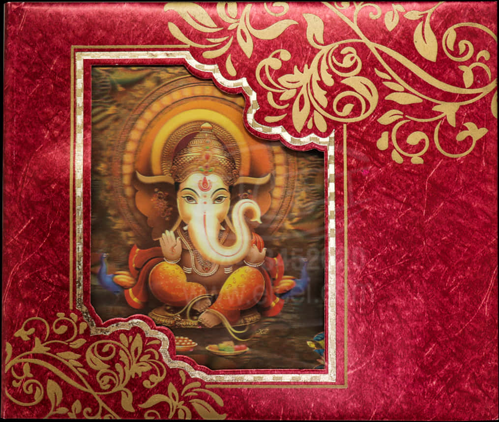 A Red And Gold Frame With A Painting Of A Hindu God