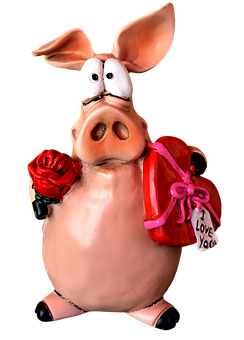 A Pig Holding A Heart And A Rose