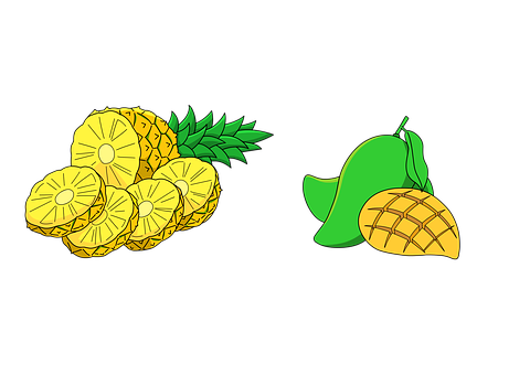 A Group Of Pineapples And A Mango