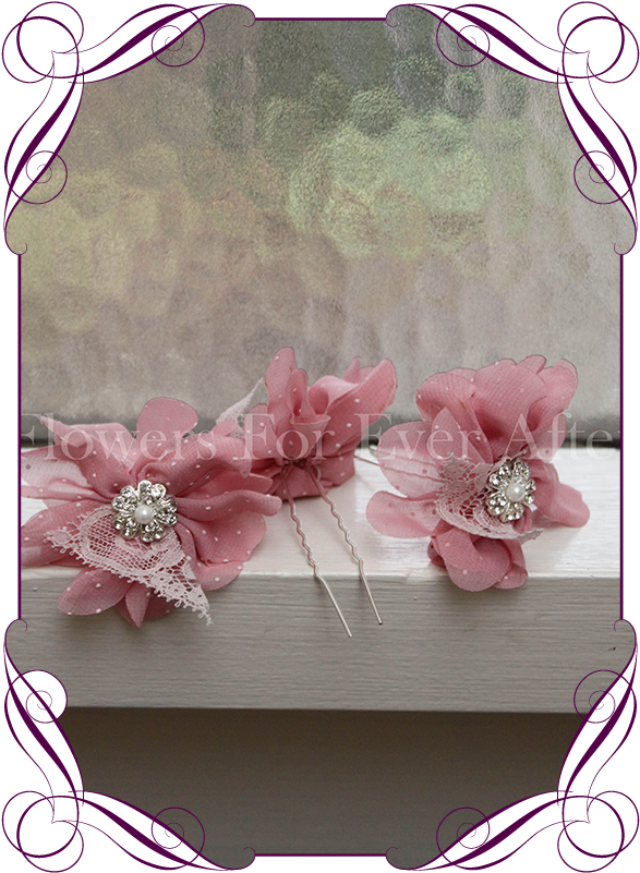 Pink Fabric Flower Lace Pearl And Bling Hair Pins - Burgundy And Navy Bridal Bouquet, Hd Png Download