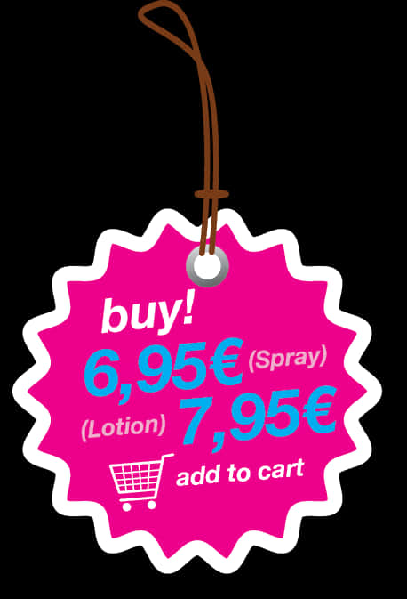 A Pink Tag With Blue Text And A Black Background