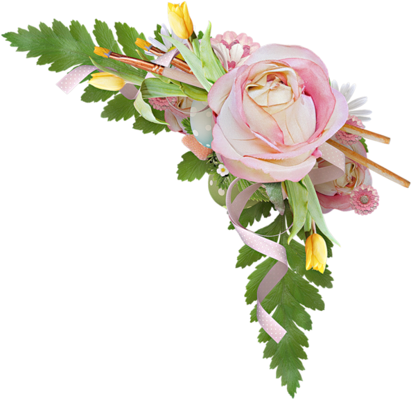 A Pink Rose With Yellow Flowers And Green Leaves