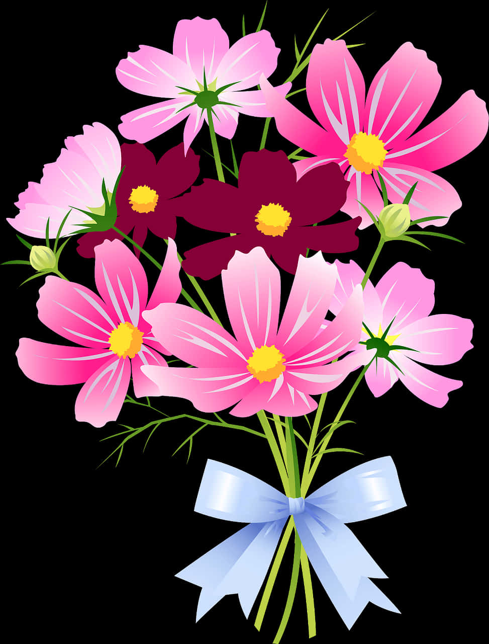 A Bouquet Of Pink Flowers With A Blue Bow