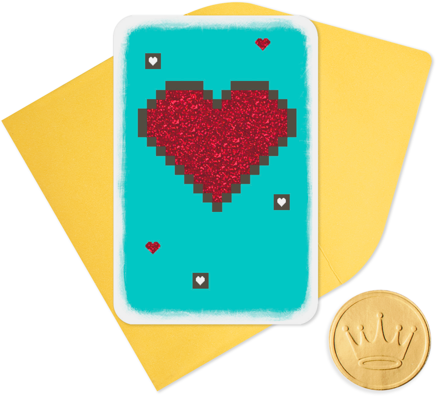 A Card With A Pixelated Heart On It Next To A Gold Coin