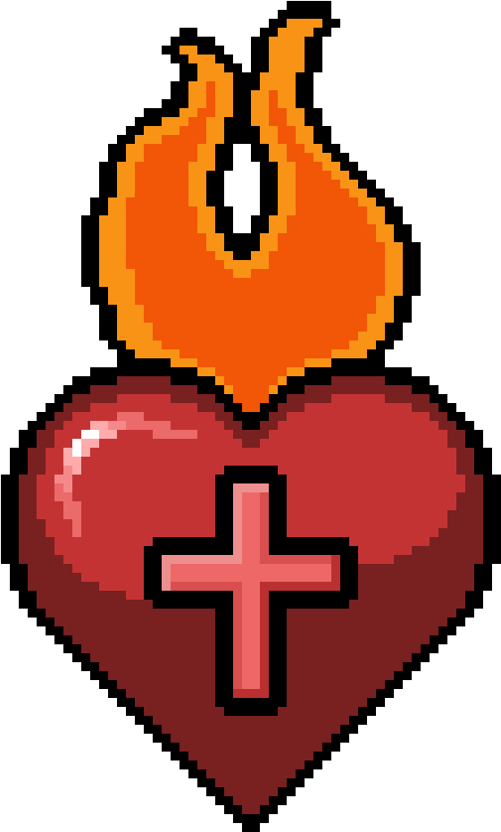 A Pixel Art Of A Heart With A Cross And Fire