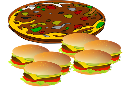 A Group Of Burgers And A Pizza