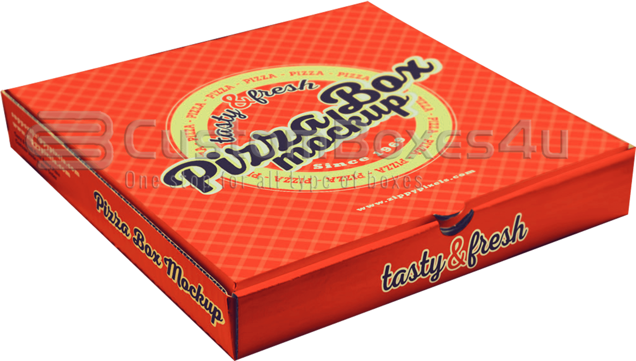 A Red Pizza Box With A Logo On It