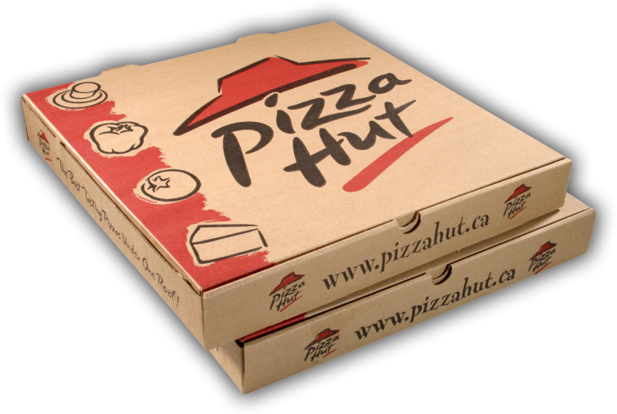 A Pizza Box With A Red And White Logo