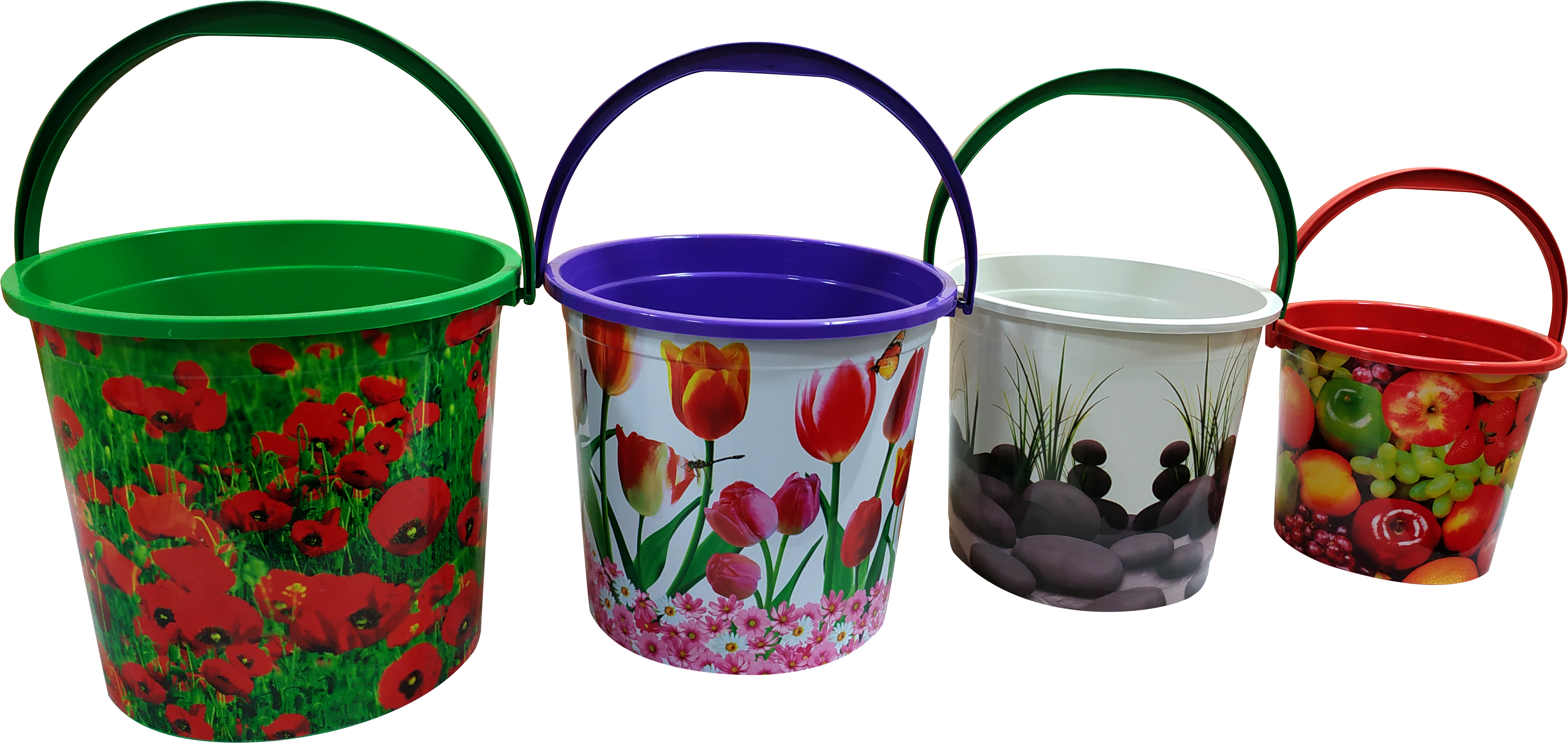 A Group Of Buckets With Floral Designs