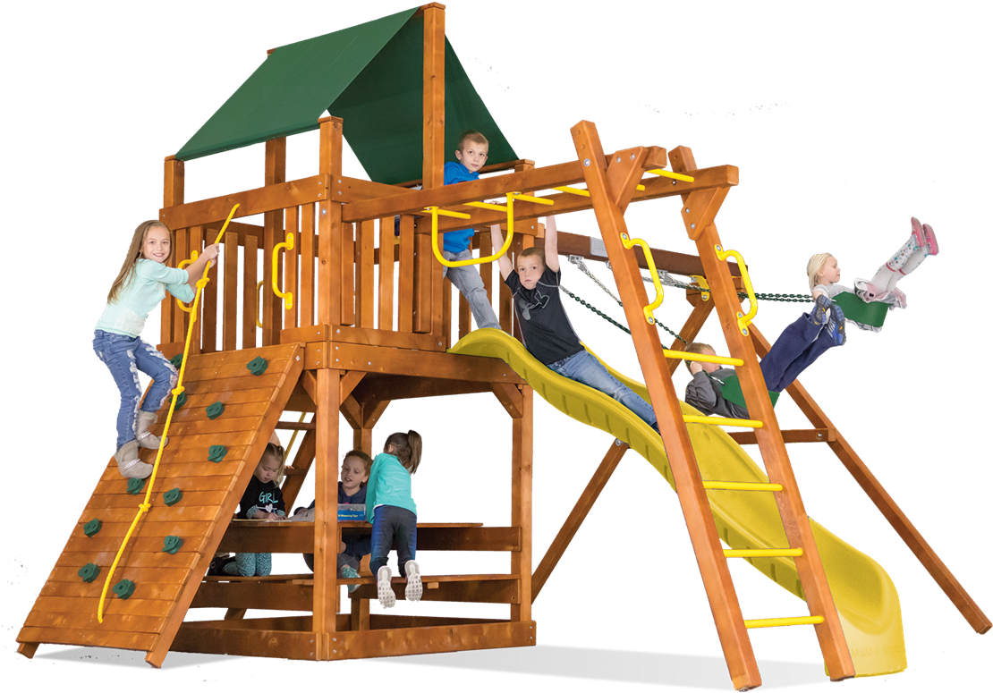 A Group Of Kids Playing On A Wooden Play Structure