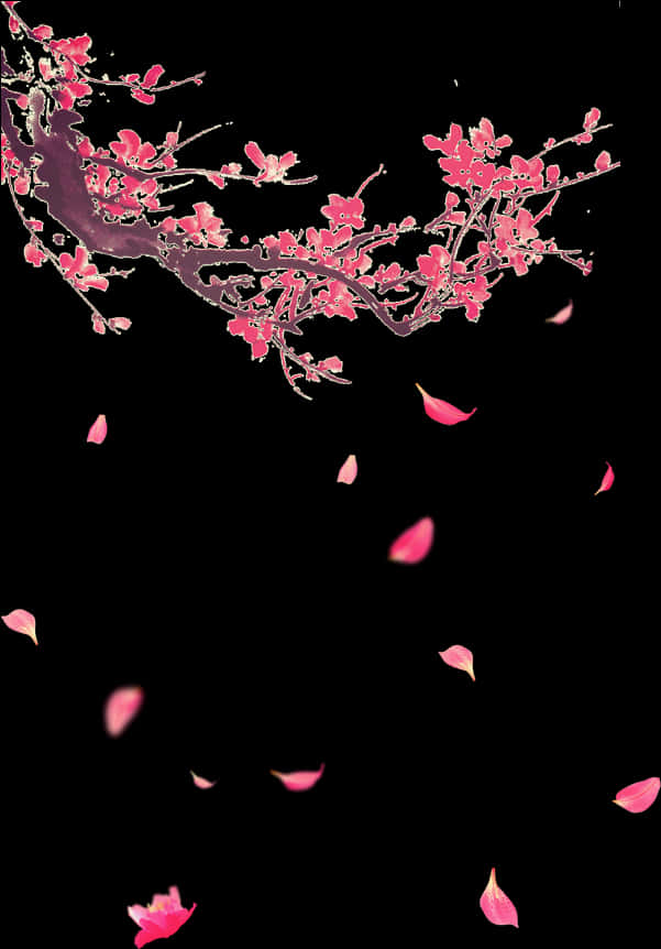 A Tree Branch With Pink Flowers And Petals Falling