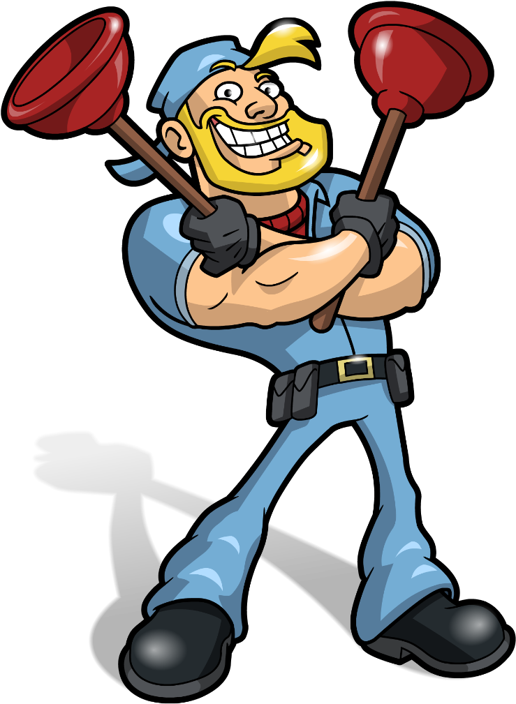 A Cartoon Of A Plumber Holding Plungers