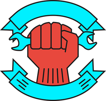 A Red Fist With Blue And Red Wrench