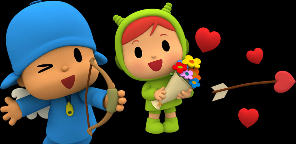 Cartoon Characters In Clothing Holding Flowers And Arrows