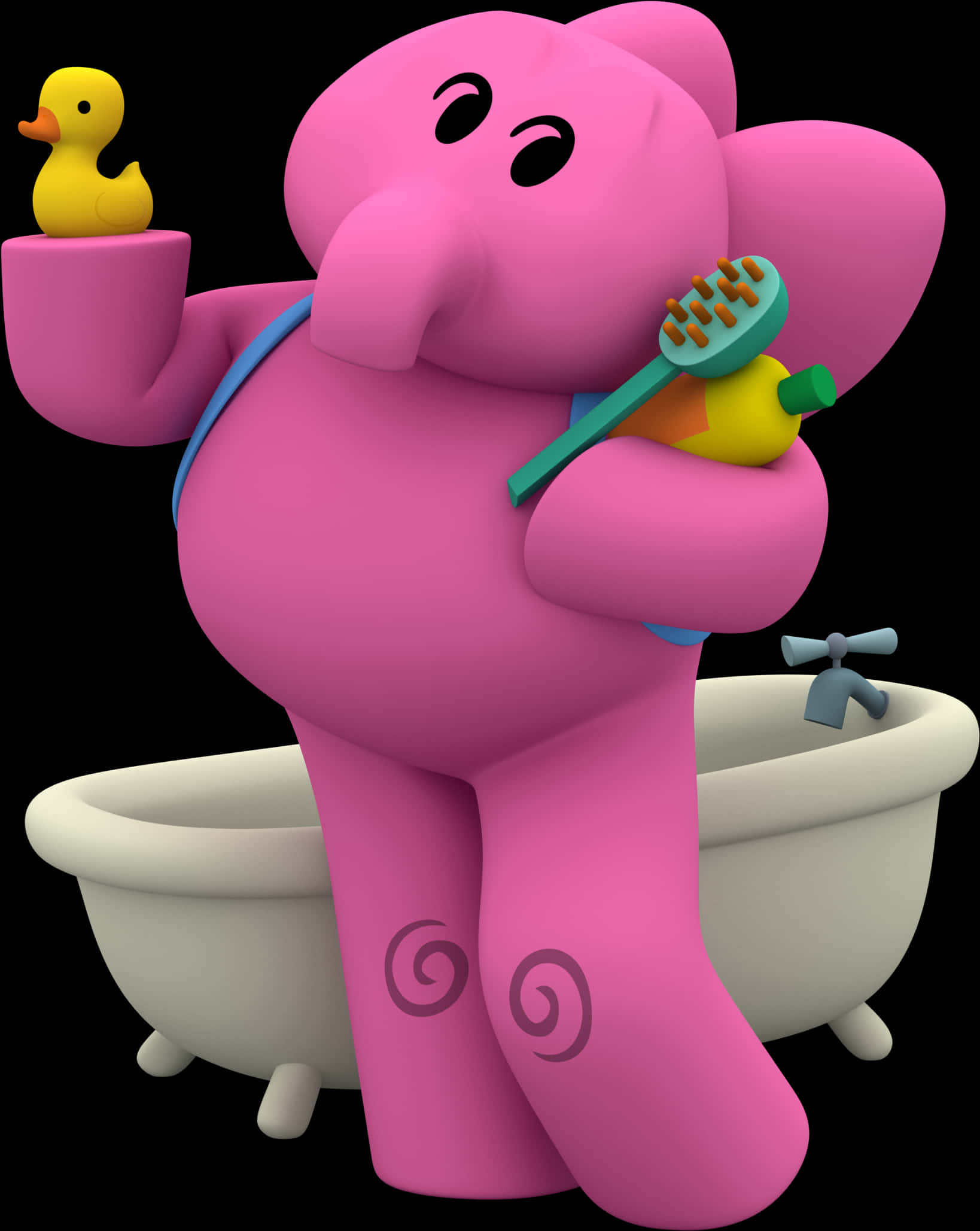 A Cartoon Pink Elephant Holding A Bathtub And A Yellow Duck