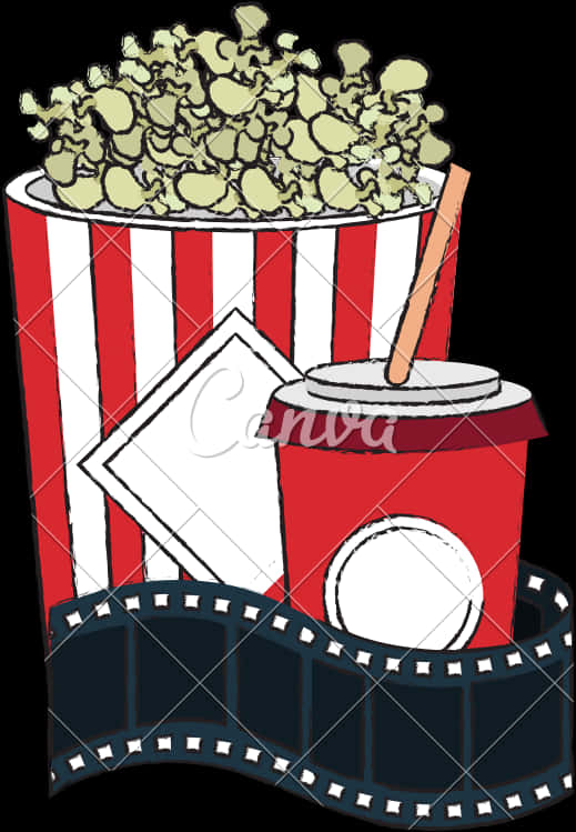 A Movie Strip With Popcorn And A Drink