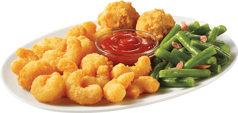A Plate Of Fried Shrimp And Green Beans With Ketchup
