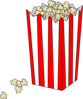 A Red And White Striped Box With Popcorn