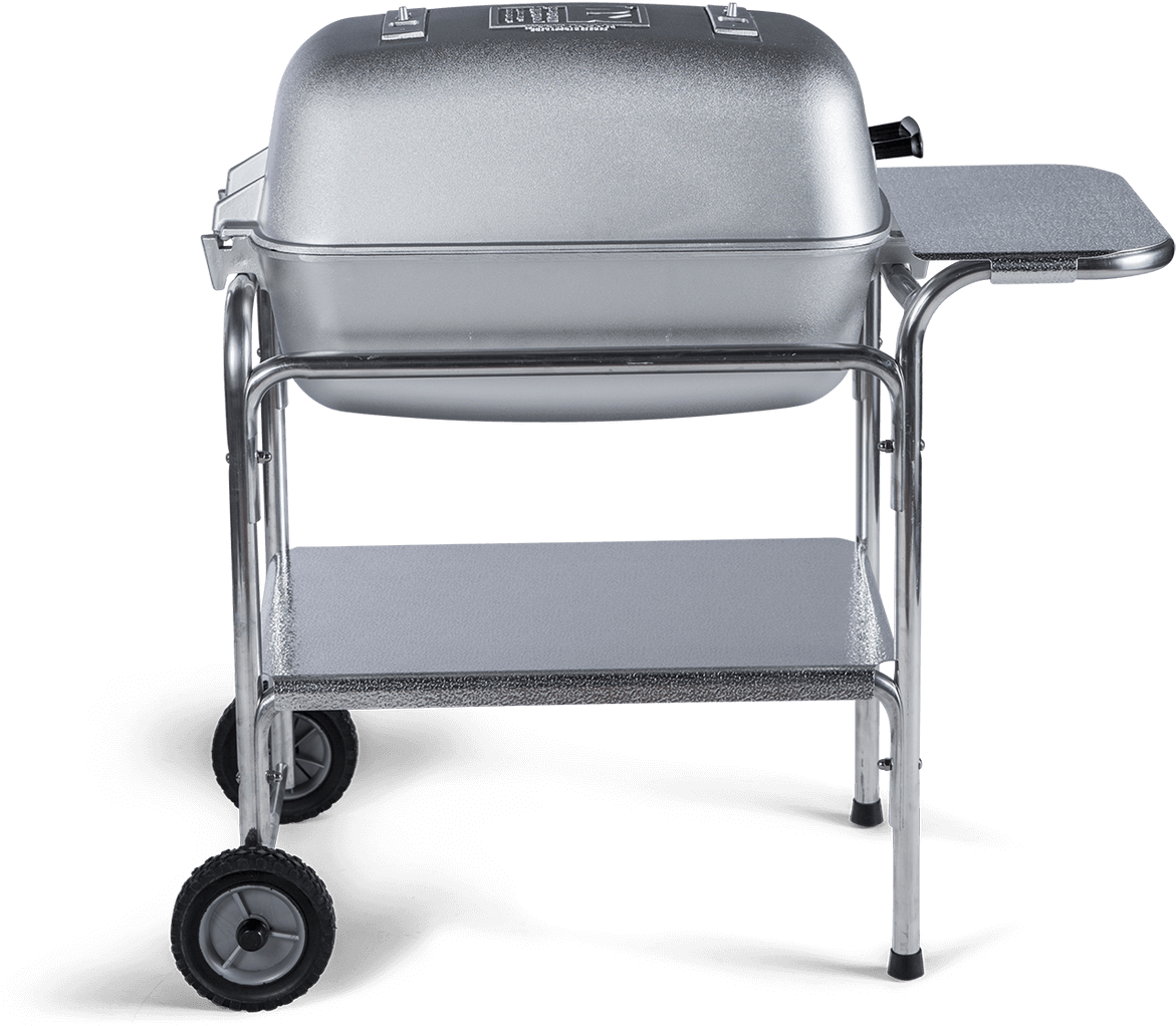 A Silver Barbecue Grill With Wheels