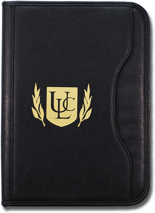 A Black Leather Folder With A Gold Logo