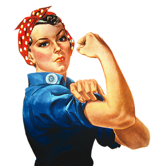 A Woman With A Red Headband And Blue Shirt Flexing Her Arm