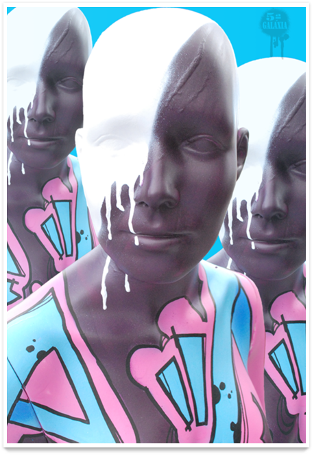 A Group Of Mannequins With White And Pink Paint On Their Faces
