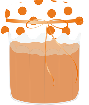 A Jar Of Brown Liquid With Orange And White Polka Dots
