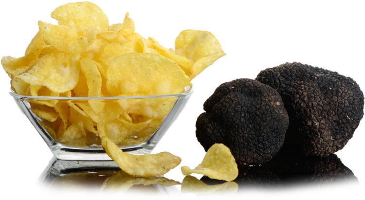 A Bowl Of Potato Chips Next To A Black Truffle