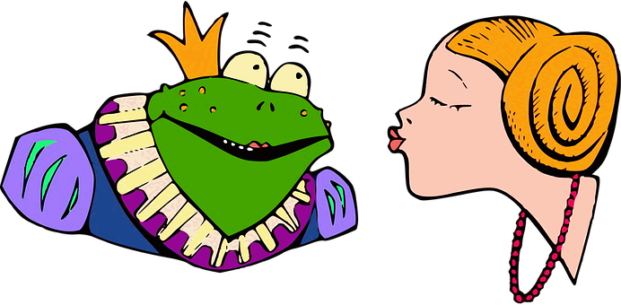A Cartoon Of A Frog And A Child Kissing
