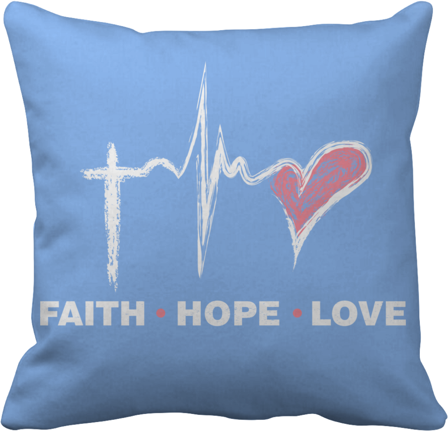 A Blue Pillow With A Heart And A Cross On It