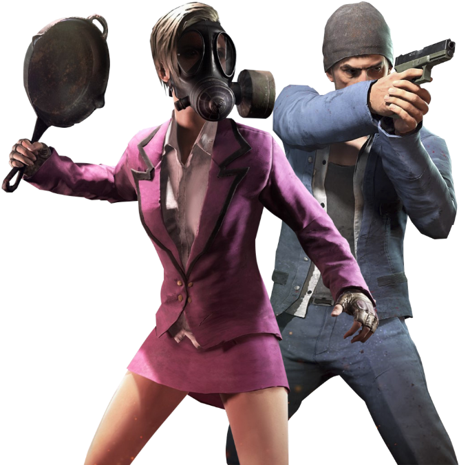 A Man And Woman Holding Guns And Holding A Pan