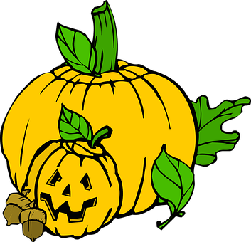 A Pumpkins With Leaves And A Jack-o-lantern