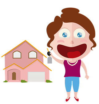 A Cartoon Of A Woman Holding A Key In Front Of A House