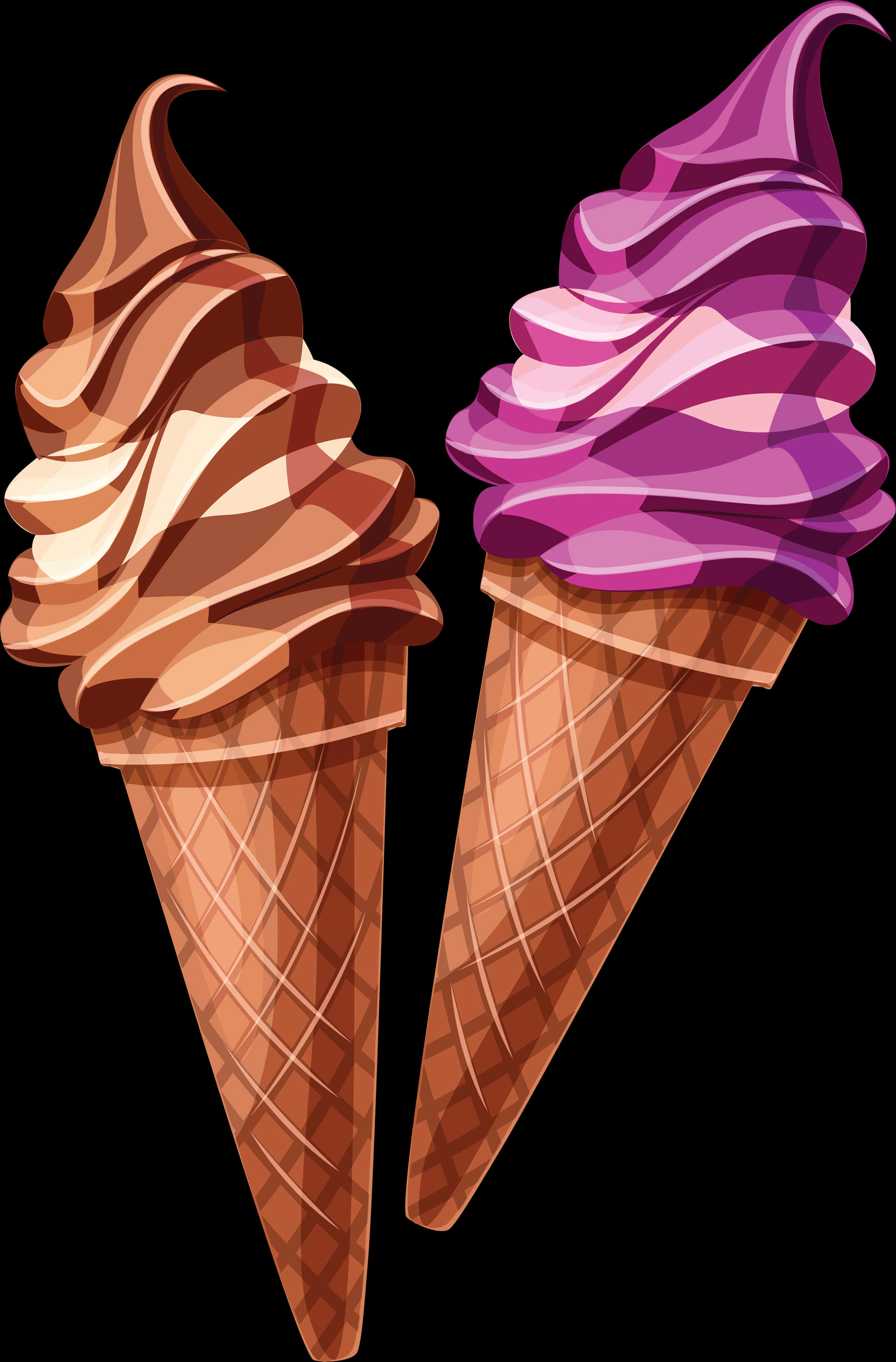 Two Ice Cream Cones With Purple And Pink Toppings