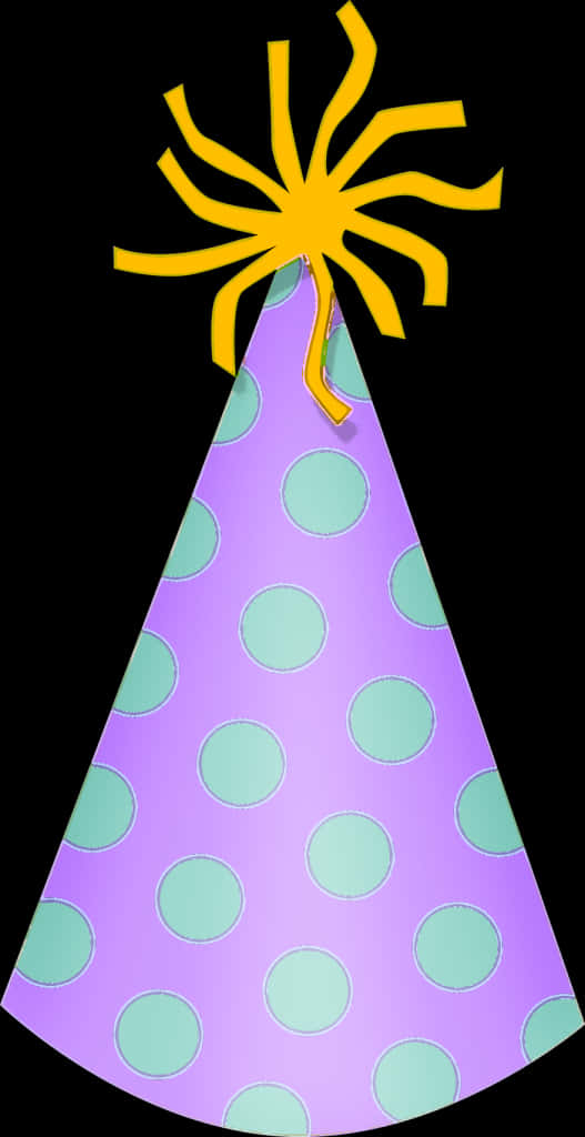 A Purple And Green Polka Dot Party Hat With Yellow Ribbon