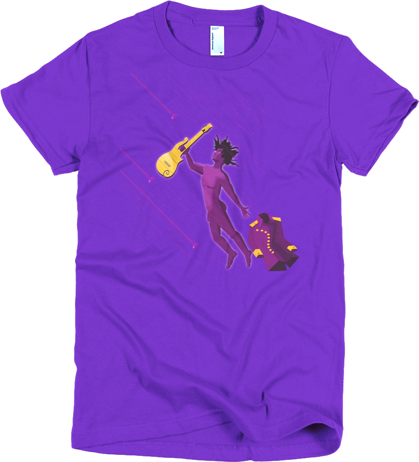 A Purple T-shirt With A Cartoon Of A Man Holding A Guitar