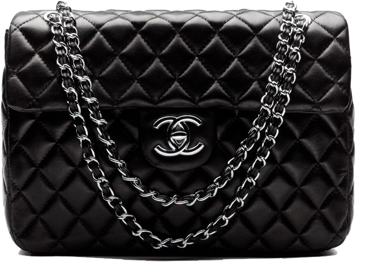 A Black Quilted Leather Bag With Silver Chains