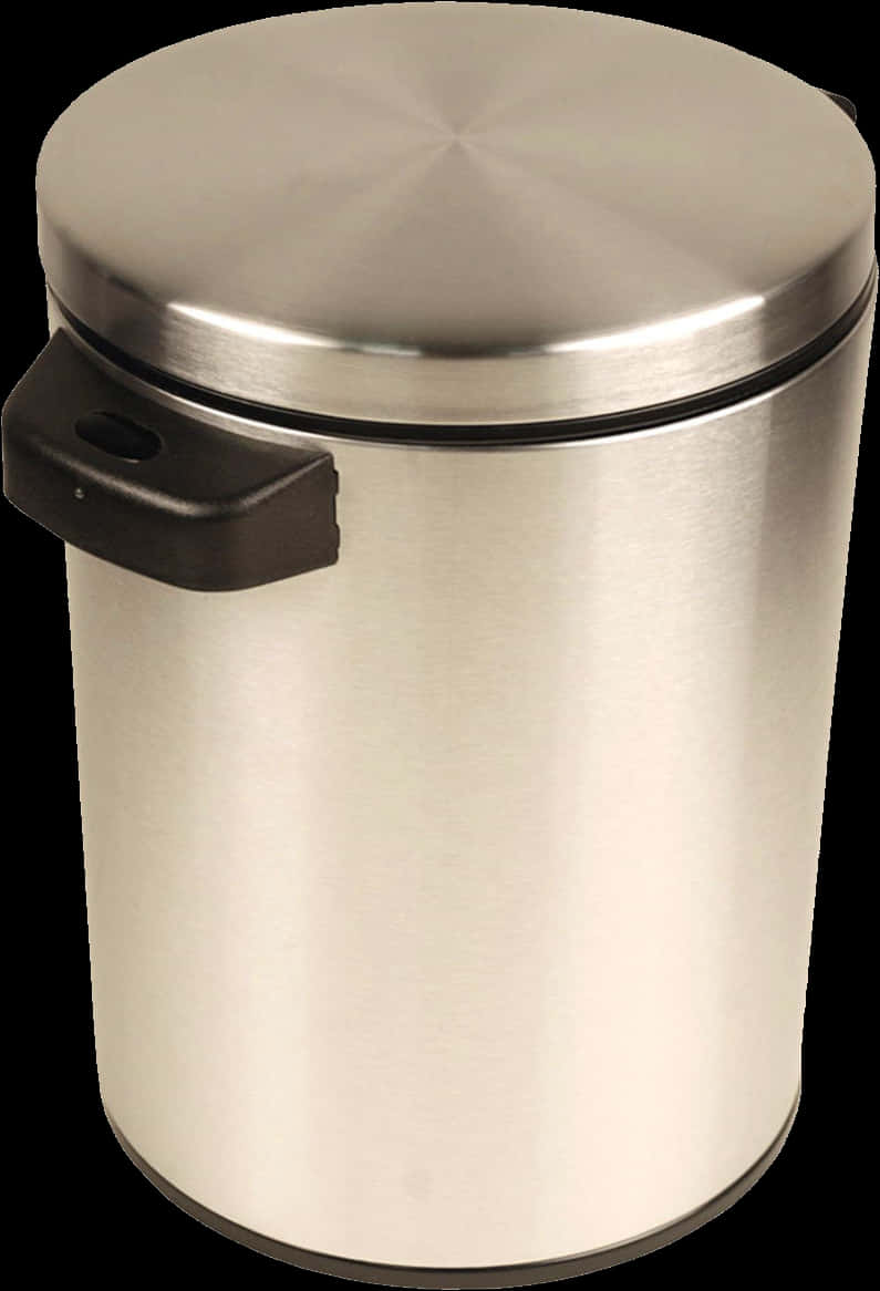 A Silver Trash Can With A Black Lid
